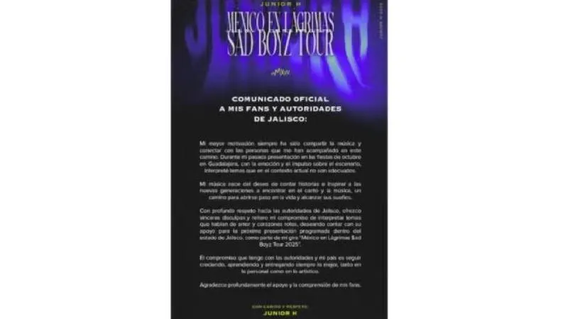 Junior H ofrece disculpas públicas y promete centrar su repertorio en temas de amor y corazones rotos./ RS