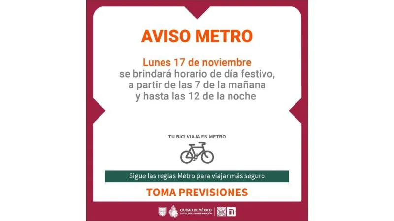El Metro de la CDMX abrirá a las 07:00 horas este 20 de noviembre por el feriado de la Revolución Mexicana./ Metro CDMX