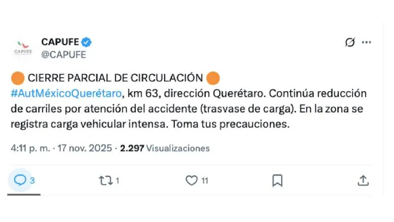 CAPUFE confirmó intensa carga vehicular en el libramiento Cuernavaca tras un accidente atendido./ X