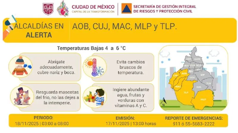 La SGIRPC activó la alerta amarilla por bajas temperaturas para el amanecer del martes 18 de noviembre./ X