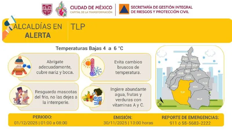 La SGIRPC activó la Alerta Amarilla por frío en Tlalpan ante temperaturas previstas de hasta 4 grados./ X