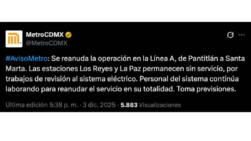 La circulación de trenes en la Línea A se restableció parcialmente tras más de una hora de afectaciones./ Captura de pantalla
