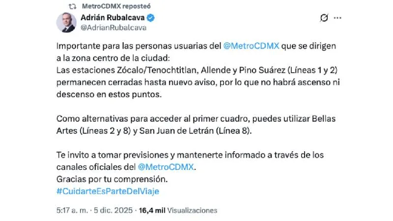 Las tres estaciones de la Línea 2 fueron suspendidas ante actividades masivas previstas en el Centro Histórico./ Captura de pantalla