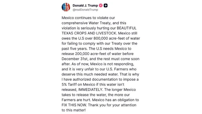 El presidente estadounidense acusó que el incumplimiento “perjudica gravemente” a los agricultores y ganaderos de Texas./ X