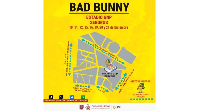 La SSC desplegará mil 166 policías y apoyo aéreo para los conciertos de Bad Bunny en el Estadio GNP./ SSC