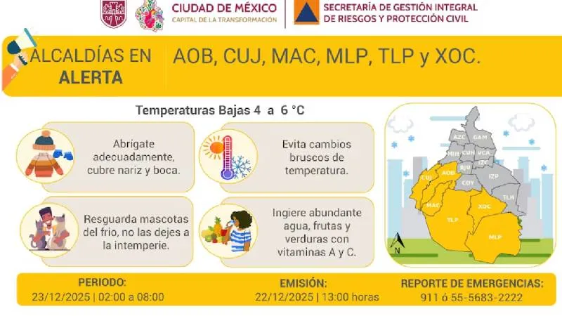 La SGIRPC activó la alerta amarilla por bajas temperaturas en varias alcaldías de la Ciudad de México./ X