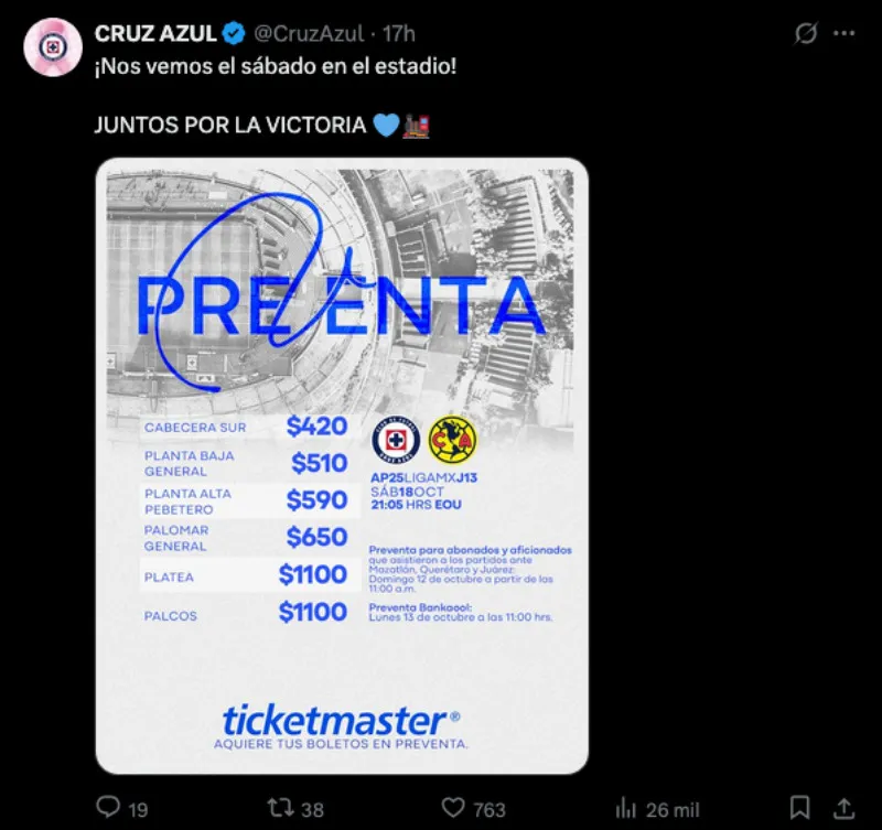 Precio de los boletos | X: @CruzAzul