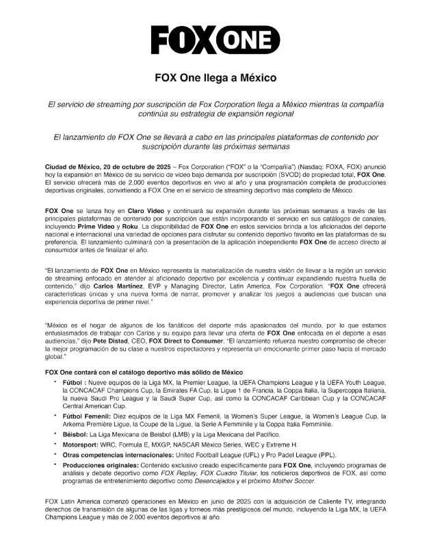 Comunicado de FOX | X: @Somos_FOX