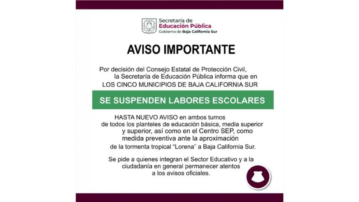 La SEP de Baja California Sur hizo el anuncio de la suspensión de clases/X