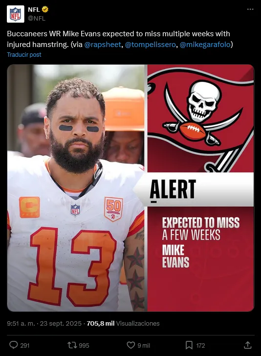 Mike Evans fuera por lesión | X: @NFL
