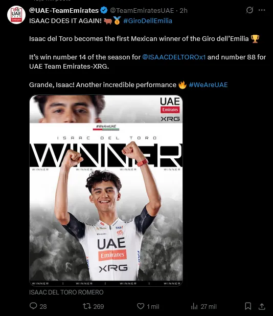 Isaac del Toro ganador del Grio de Emilia 2'25 | X: @TeamEmiratesUAE