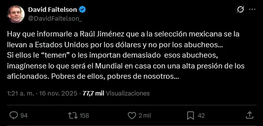 Mensaje de Faitelson a Raúl Jiménez | X: @DavidFaitelson_
