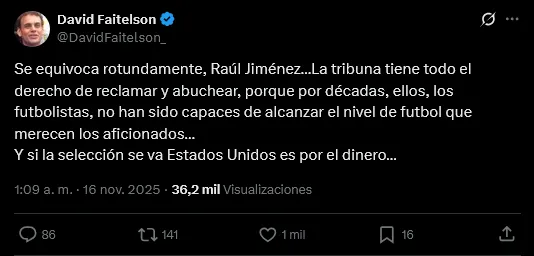 Mensaje de Faitelson a Raúl Jiménez | X: @DavidFaitelson_