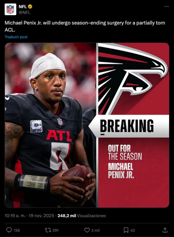 Penix Jr. fuera toda la temporada | X: @NFL