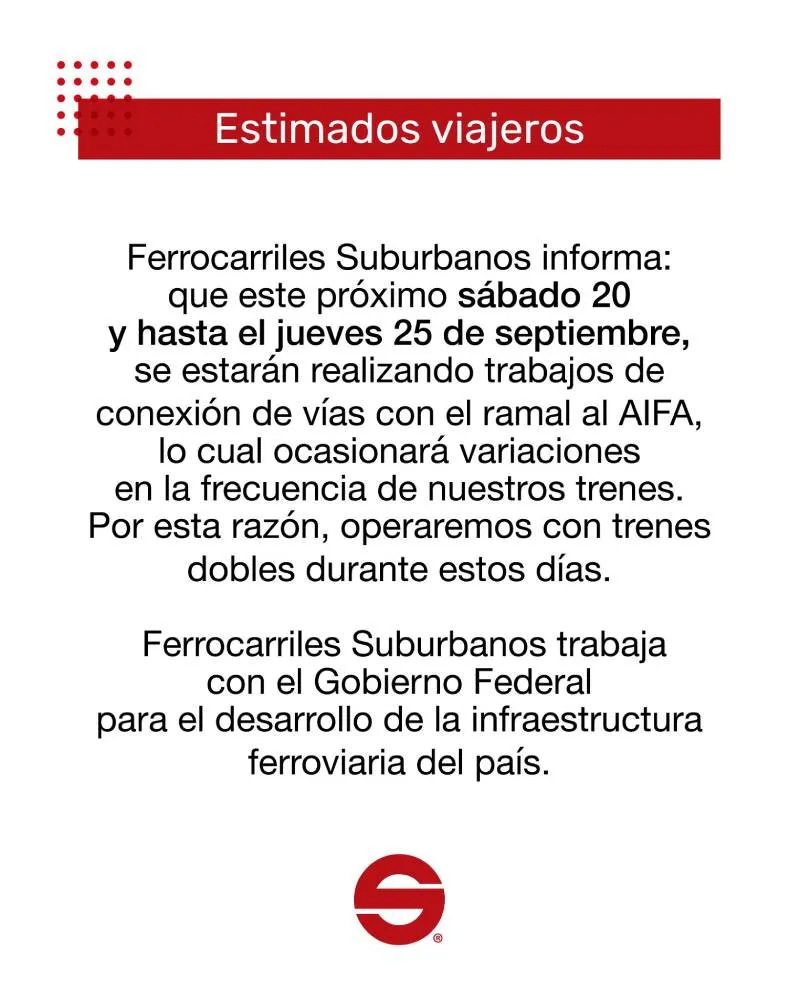 El Tren Suburbano anunció obras del 20 al 25 de septiembre/X