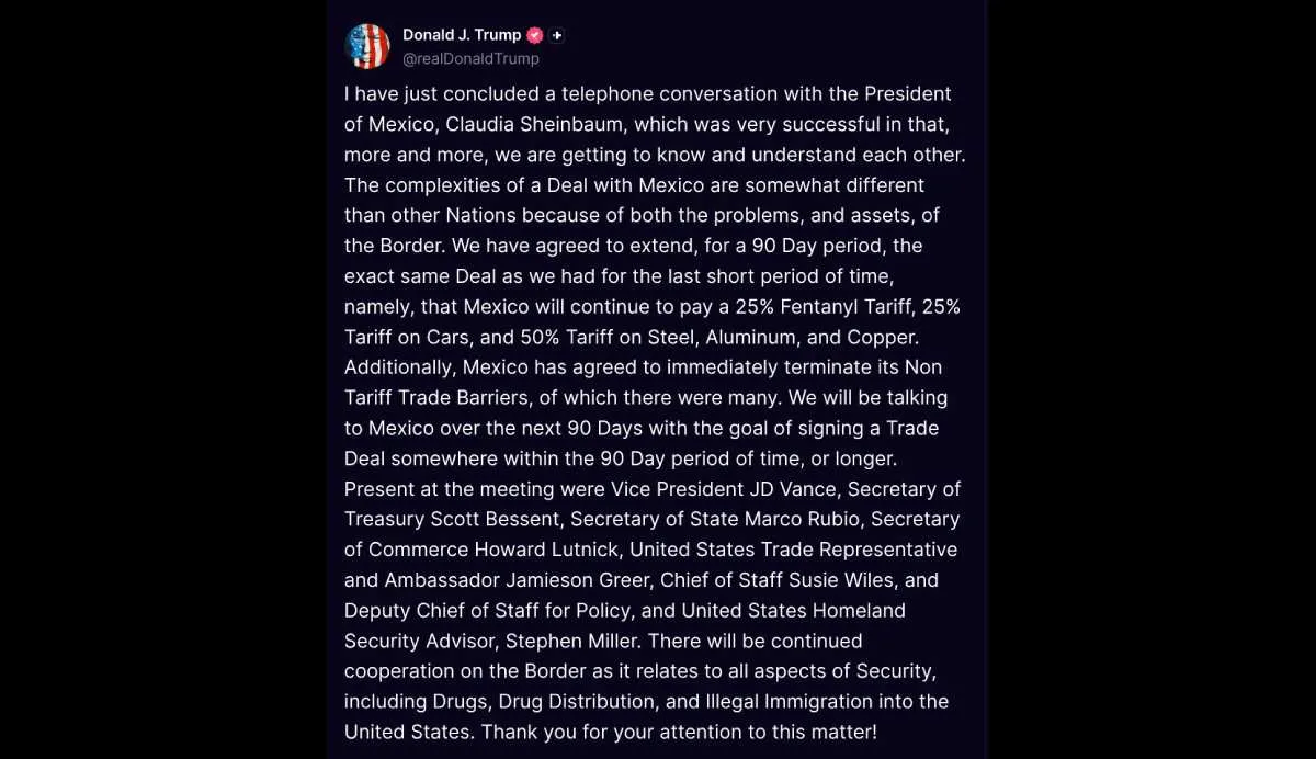 Este fue el mensaje que publicó el presidente Donald Trump/X