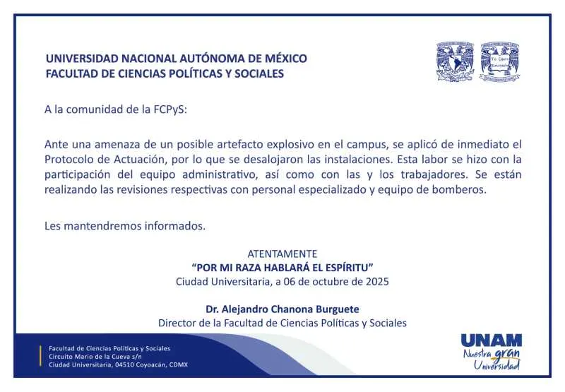 La Facultad confirmó la amenaza, sin embargo, no confirmó que hubiera una bomba/UNAM