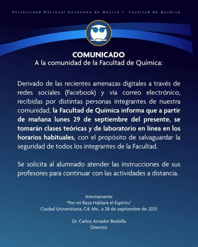 La Facultad de Química anunció suspensión de clases presenciales/UNAM