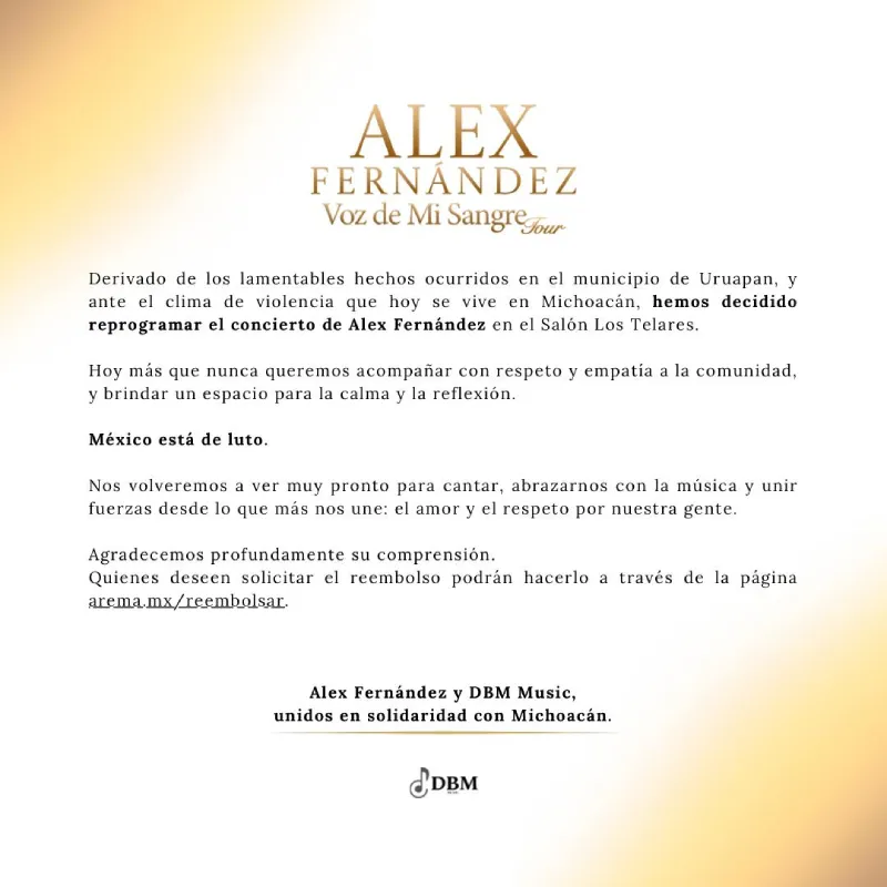 El reembolso de los boletos ya se puede pedir / FB: @AlexFdezMusica