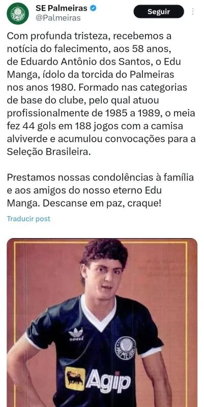 Palmeiras confirma muerte de Edu