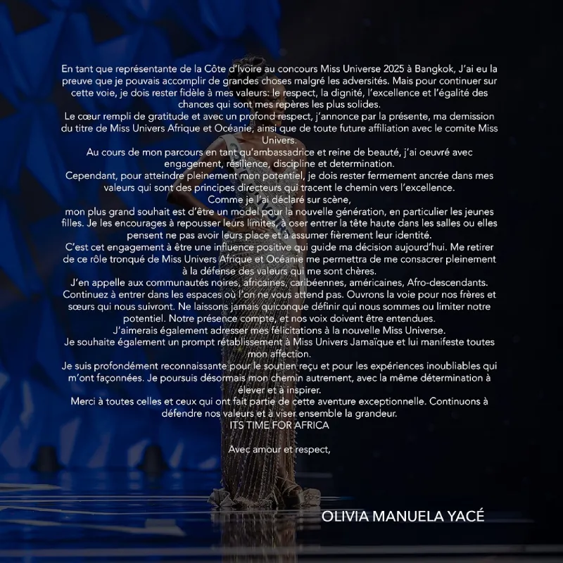 En un comunicado explicó los motivos de su salida / IG: @olivia.yace