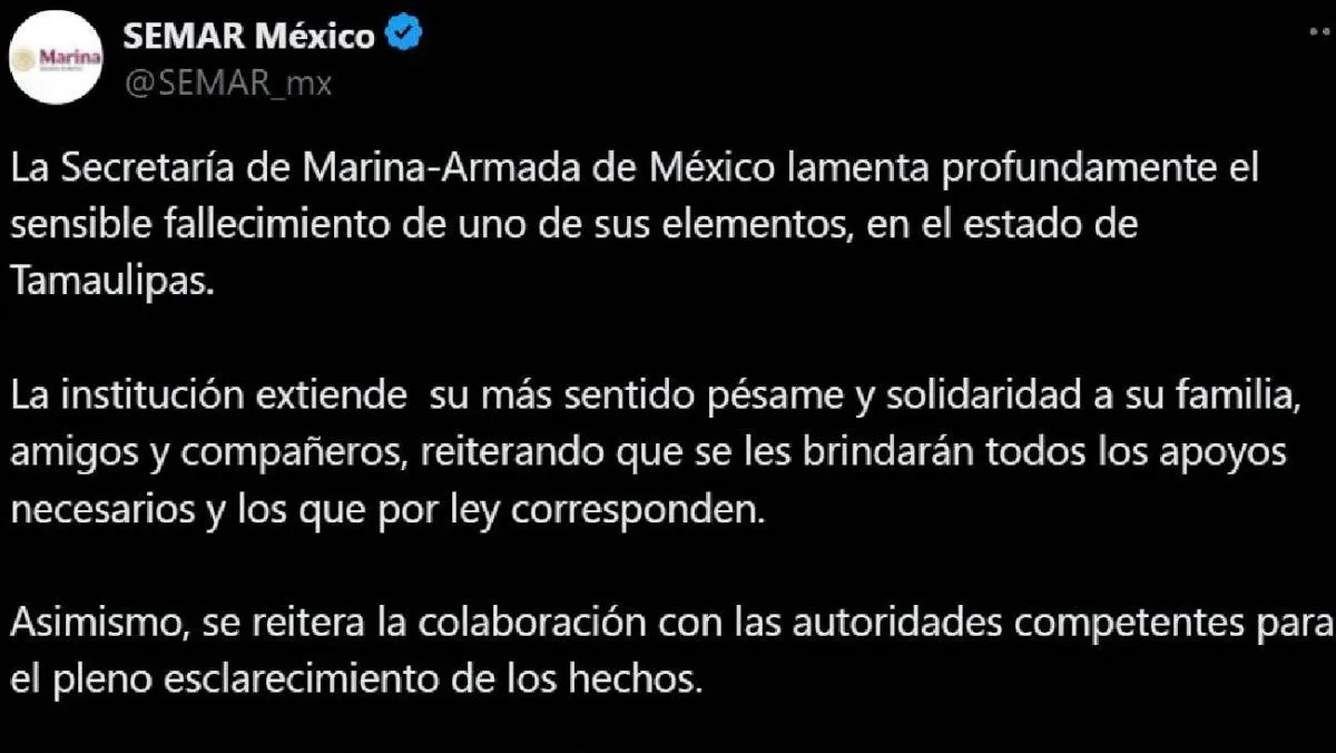 Semar confirmó el deceso de uno de sus elementos/X