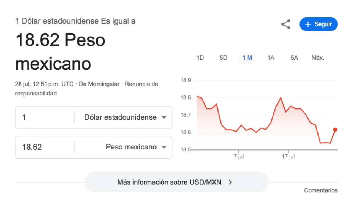 El dólar se cotiza promedio en $18.62 pesos por unidad/Google