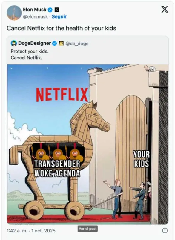 Esta es la publicación de Musk pidiendo cancelar Netflix/X