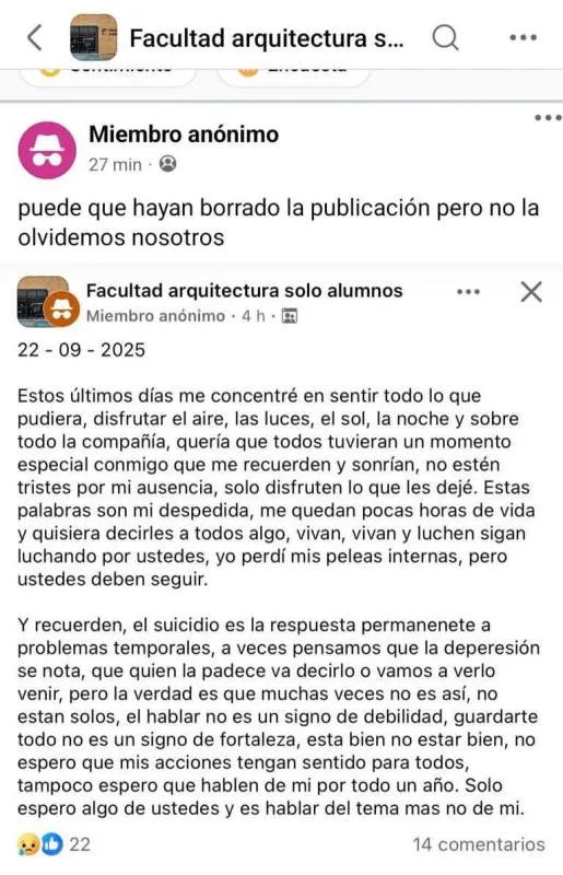 Este fue el mensaje de despedida que publicó el joven en redes/Facebook