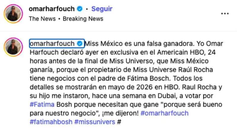 El también pianista hizo fuertes acusaciones contra Fátima Bosch y Miss Universo/IG: @omarharfouch