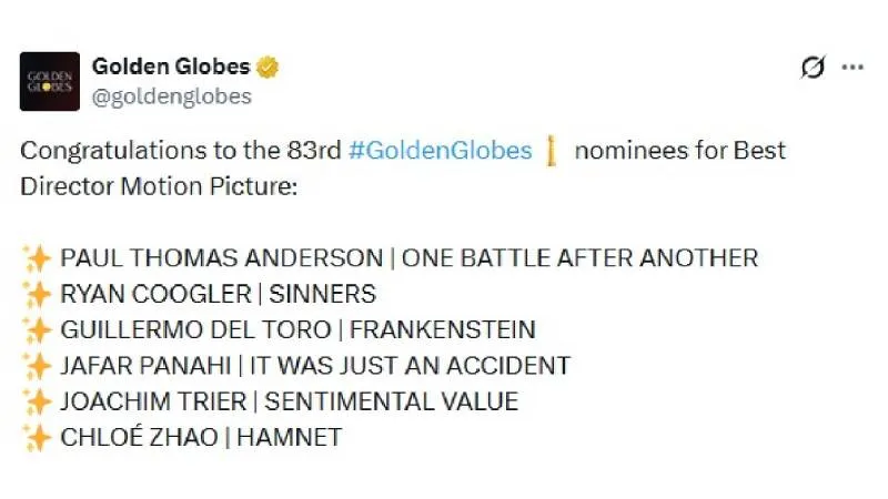 El mexicano del Toro tendrá una dura competencia en la categoría de Mejor Director/X: @goldenglobes