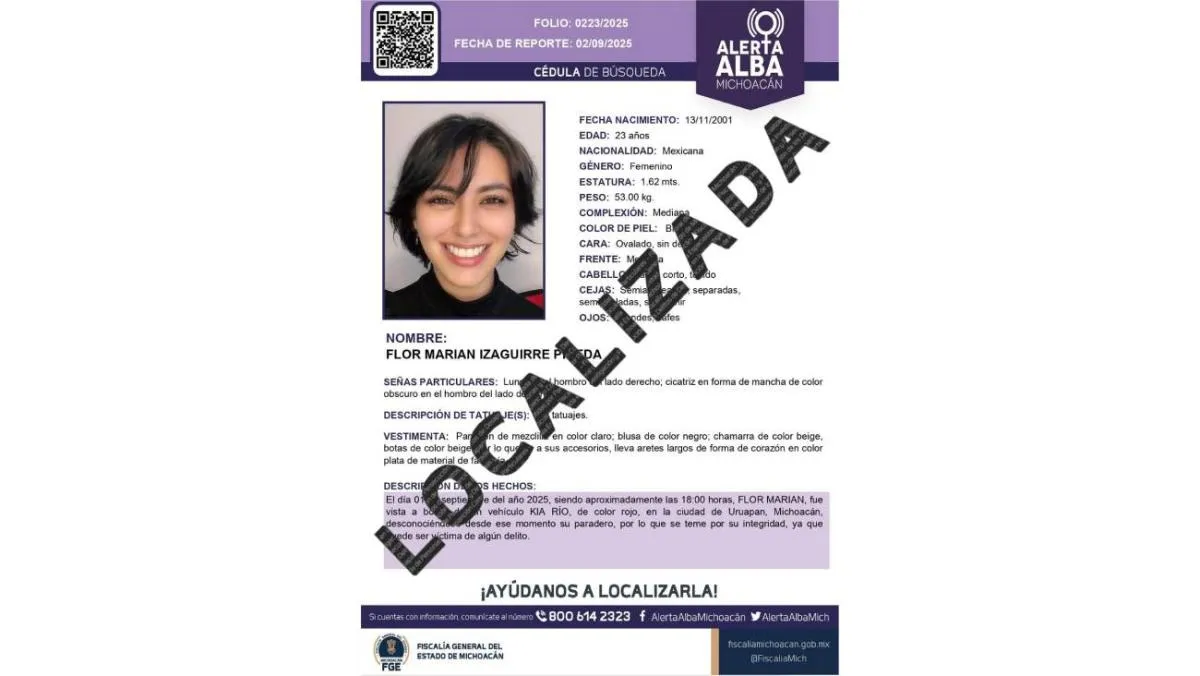 Autoridades de Michoacán confirmaron que fue localizada con vida/X