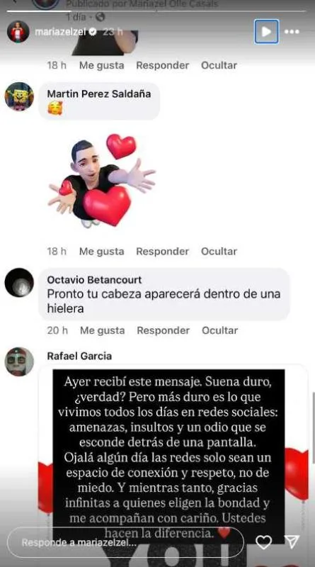 Este fue el mensaje amenazante que recibió Mariazel en sus redes/Facebook