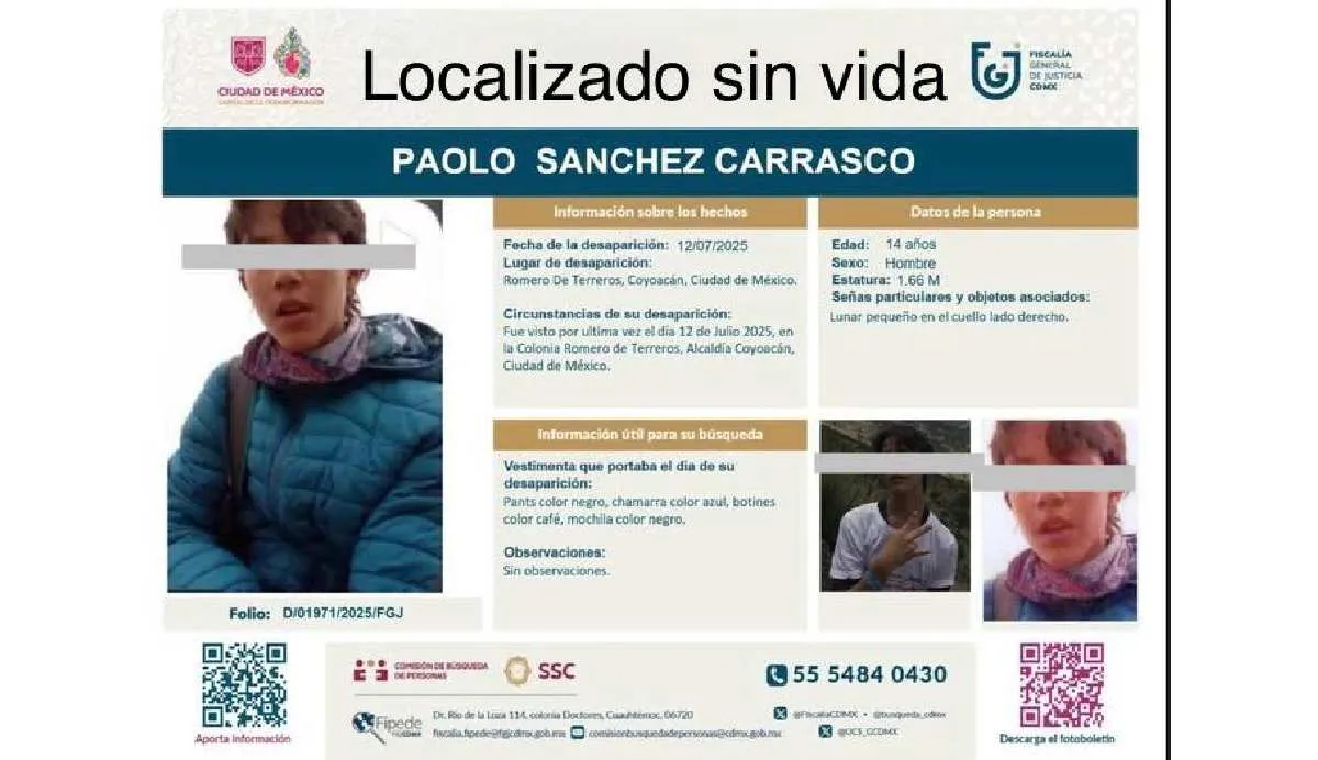 El menor había sido visto por última vez el pasado 12 de julio en la alcaldía Coyoacán/X