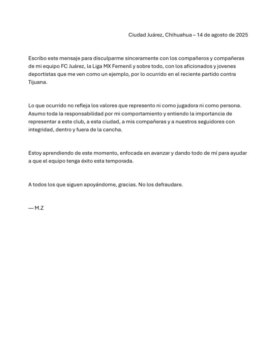 Así fue la carta de Miah Zuazua