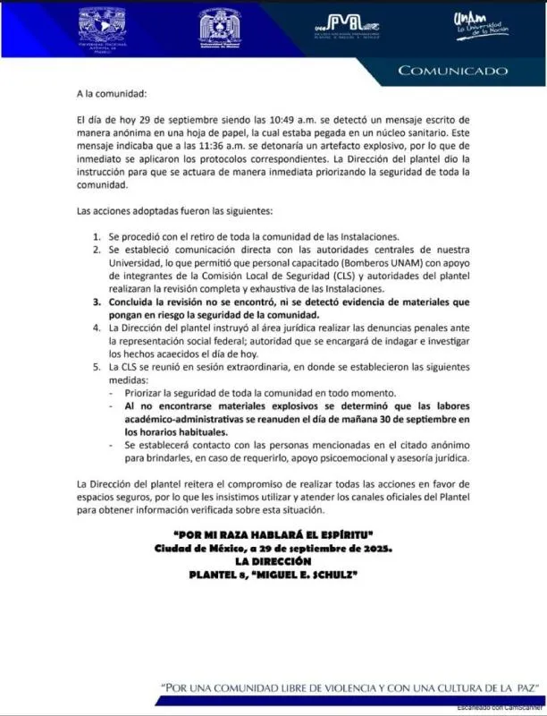 La Prepa 8 informó que no se encontró ningún artefacto explosivo/UNAM