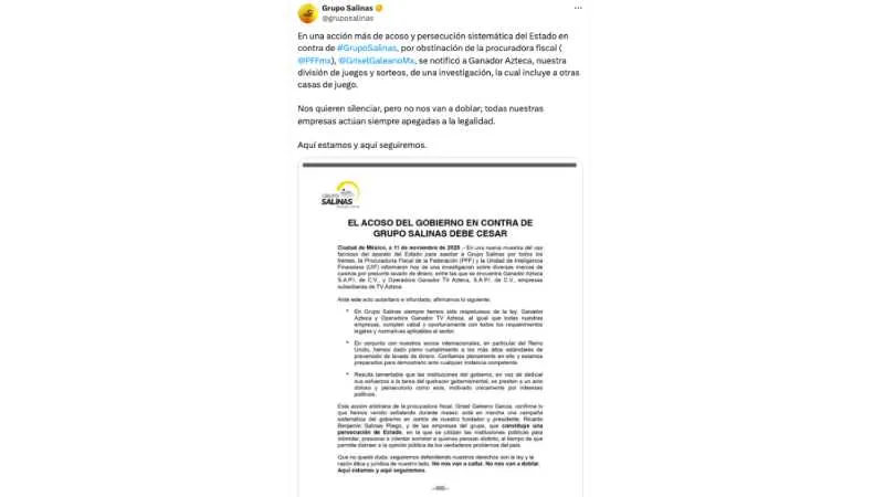 Grupo Salinas calificó de "acoso" los señalamientos del Gobierno de México/X: @gruposalinas