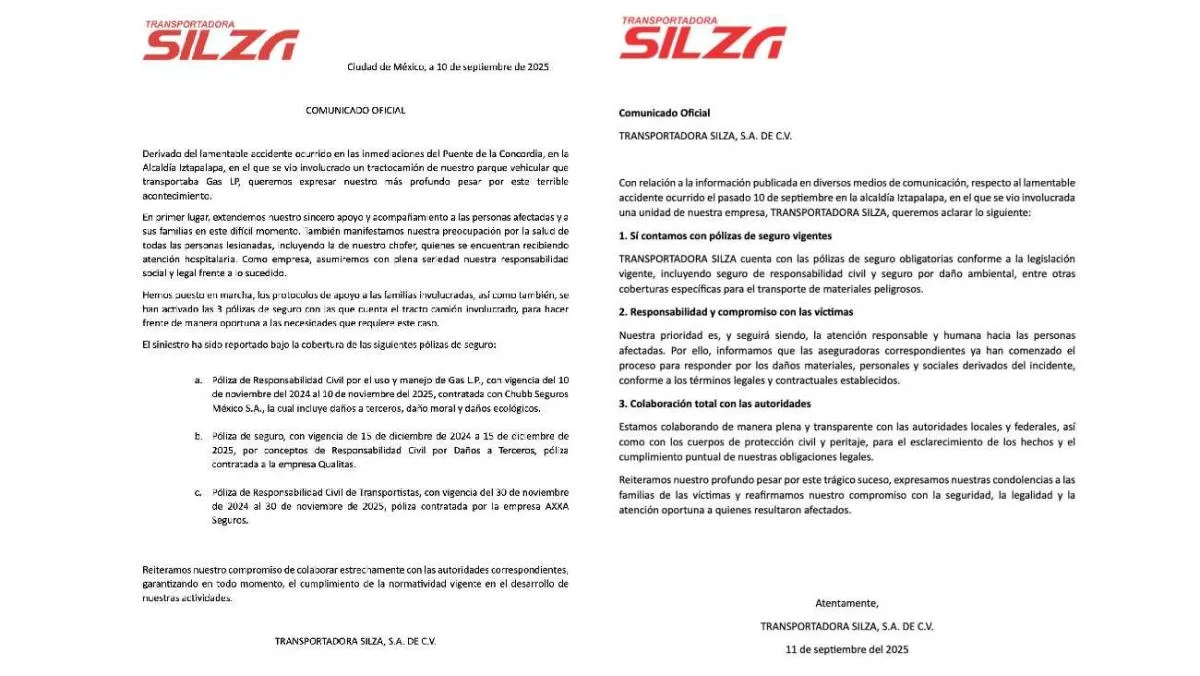 La empresa SILZA ya emitió dos comunicados para aclarar que sí cuenta con póliza de seguro/X