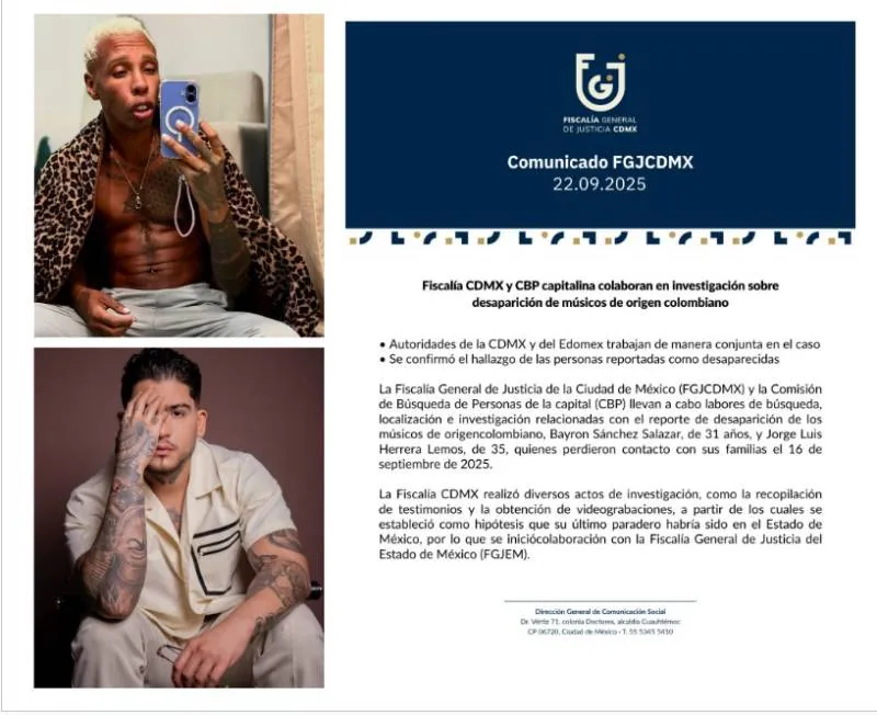 Fiscalía de la CDMX confirmó la muerte de los dos artistas colombianos/X