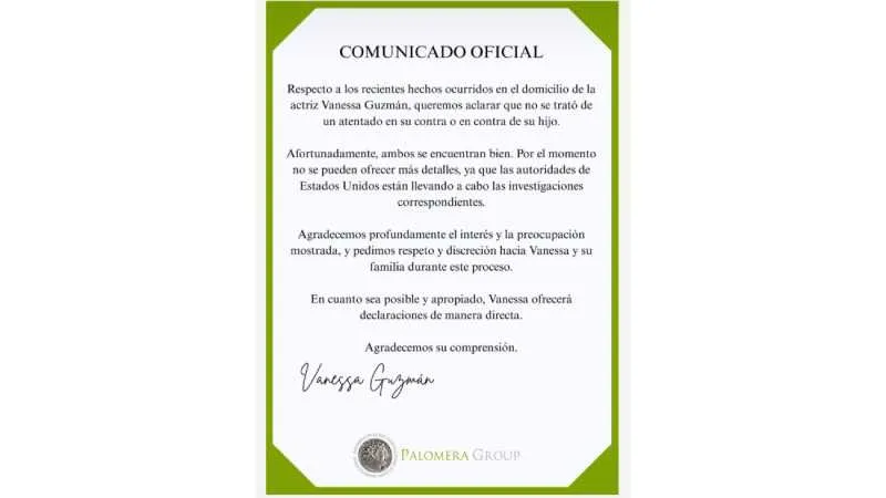 En el comunicado se informó que Vanessa y su hijo están a salvo/IG: @vanessaguzmann