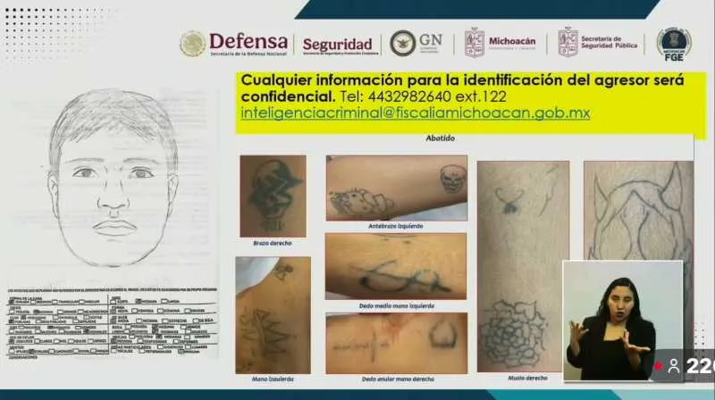 El agresor no ha sido identificado, pero se mostraron los tatuajes que llevaba/Fiscalía de Michoacán