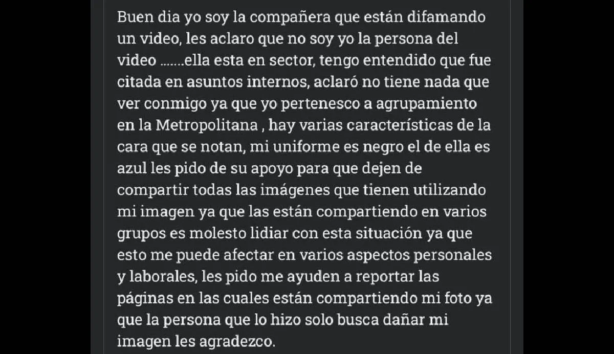 Este es el mensaje que publicó la policía señalada de aparecer en el video/Facebook