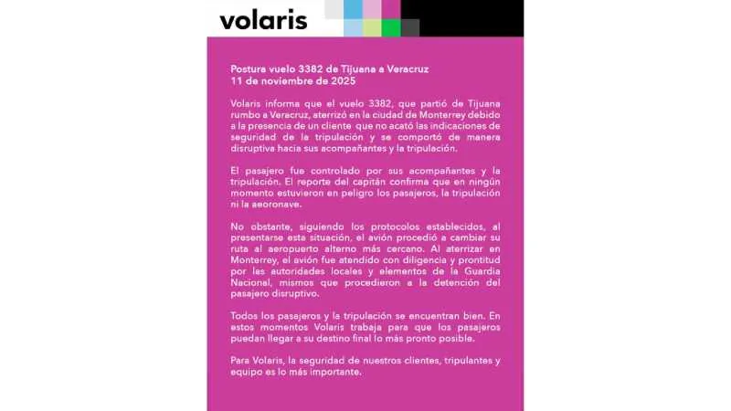 Volaris informó que ningún pasajero estuvo en peligro/Volaris