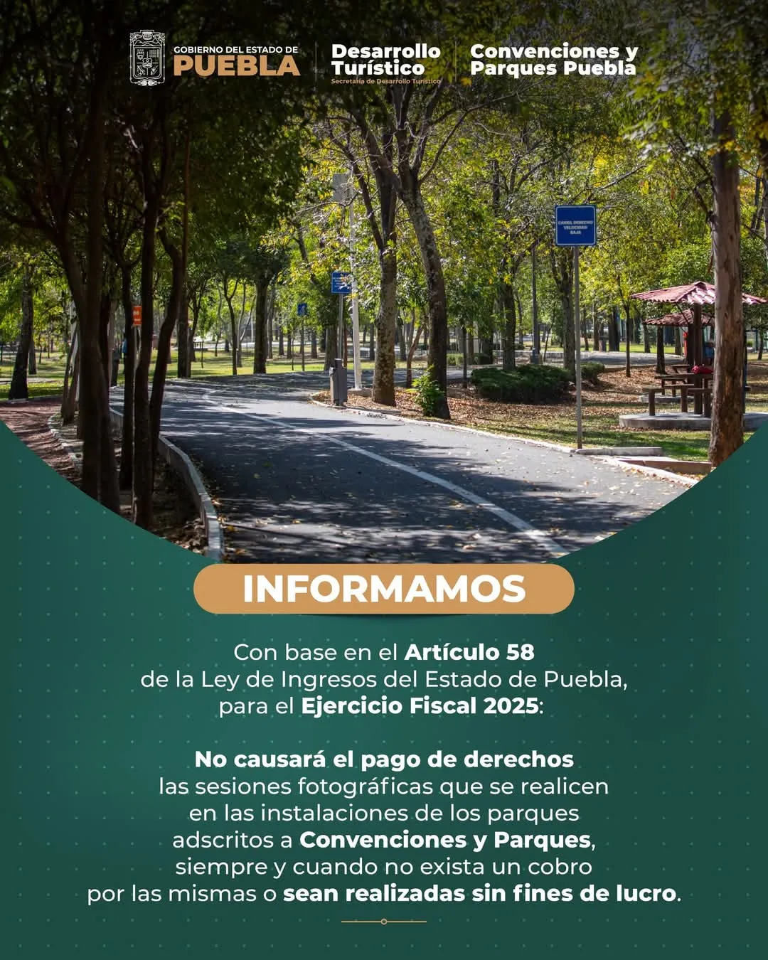 Según el Artículo 58 de la Ley de Ingresos para el Ejercicio Fiscal 2025, las sesiones fotográficas en parques para fines personales y sin lucro no requieren permiso ni pago. / FB: Convenciones y Parques Puebla