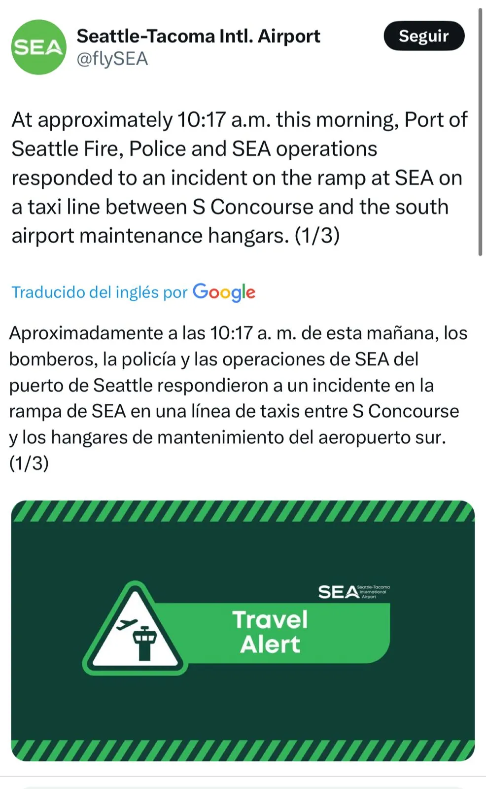 El Aeropuerto de Seattle- Tacoma comunicó que todos los pasajeros se mantuvieron a salvo. | X