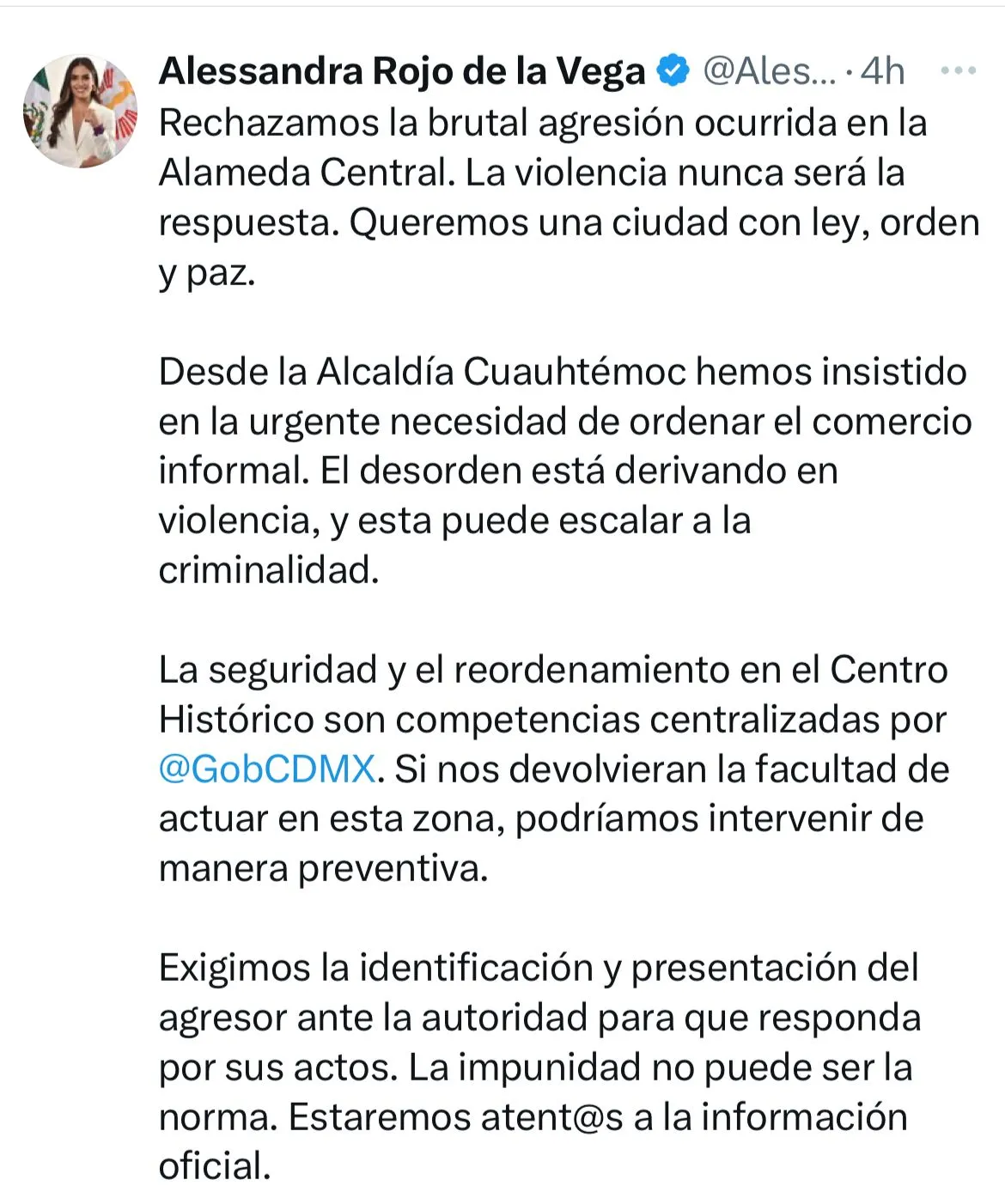 La alcaldesa de la Cuauhtémoc condena la agresión hacia la mujer trans en la Alameda Central. / X