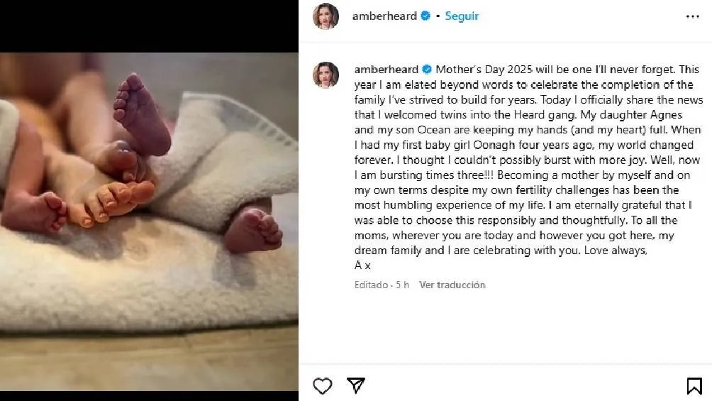 La actriz compartió que ahora ser madre de dos gemelos, Ocean y Agenes/IG: @amberheard