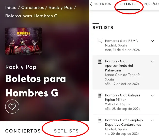 Al momento de comprar tus boletos te aparece la pestaña de Setlist.fm / Especial
