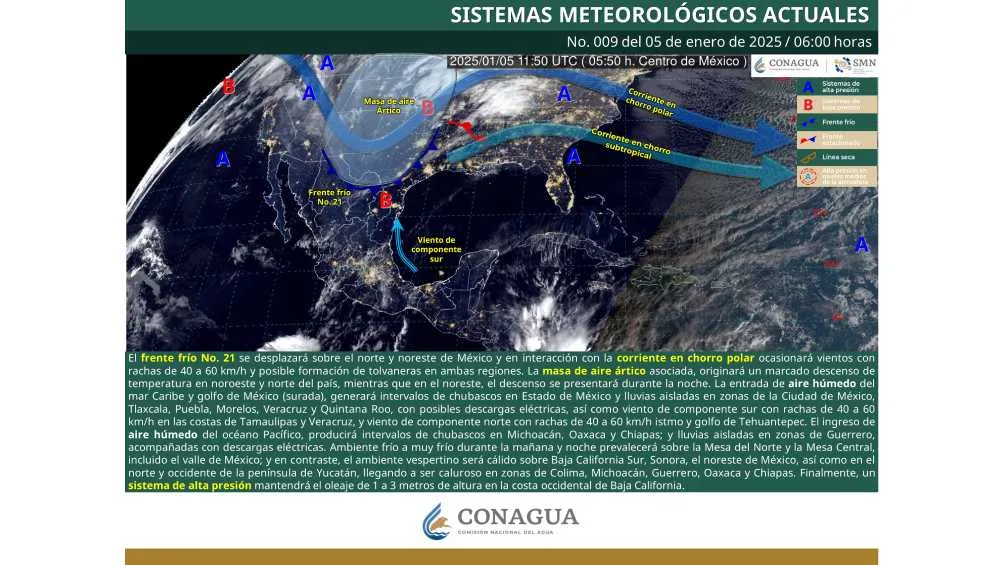 El mapa del Servicio Meteorológico Nacional muestra el paso del frente frío No. 21/Conagua