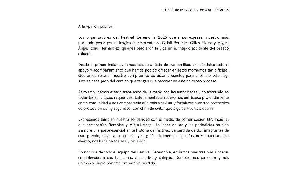 Este es el comunicado del Festival AXE Ceremonia/Facebook